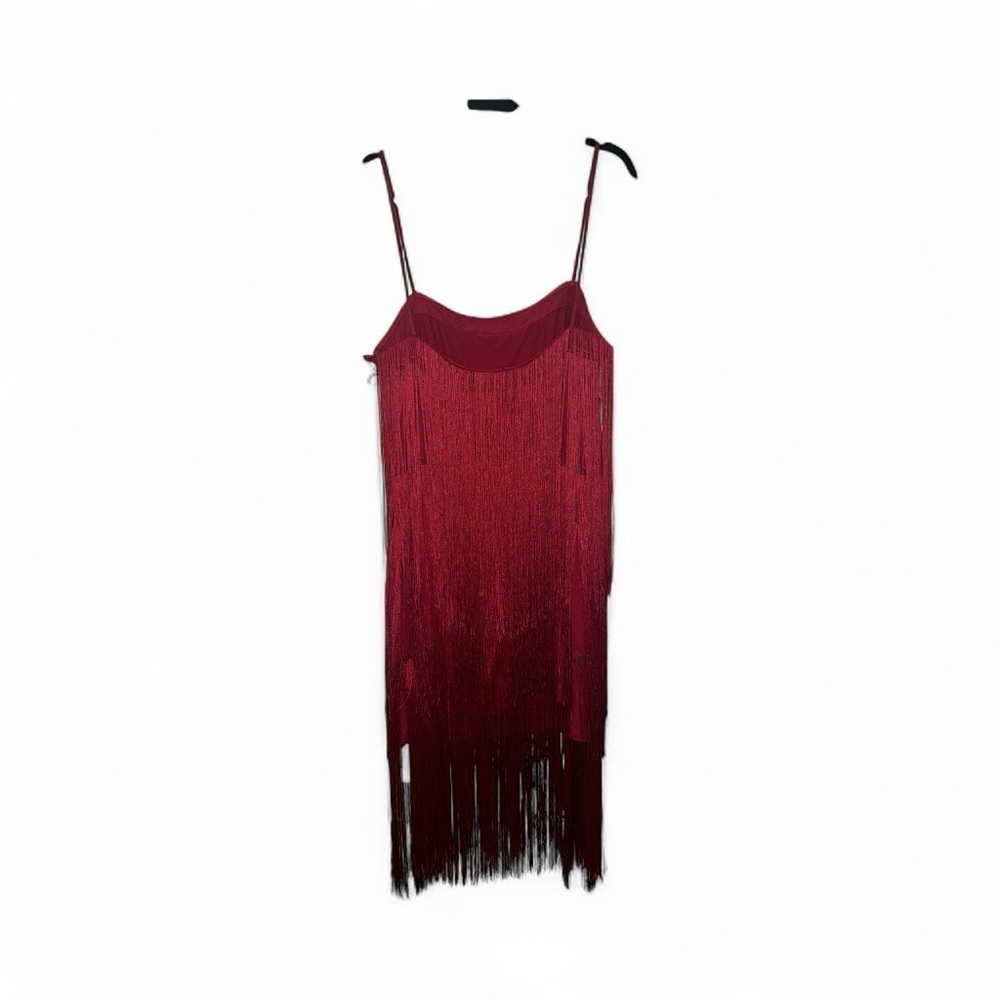 COMMENSE Florence Fringed Open Back Short Dress XL NWT Sold Out Online Burgundy - Picture 9 of 11